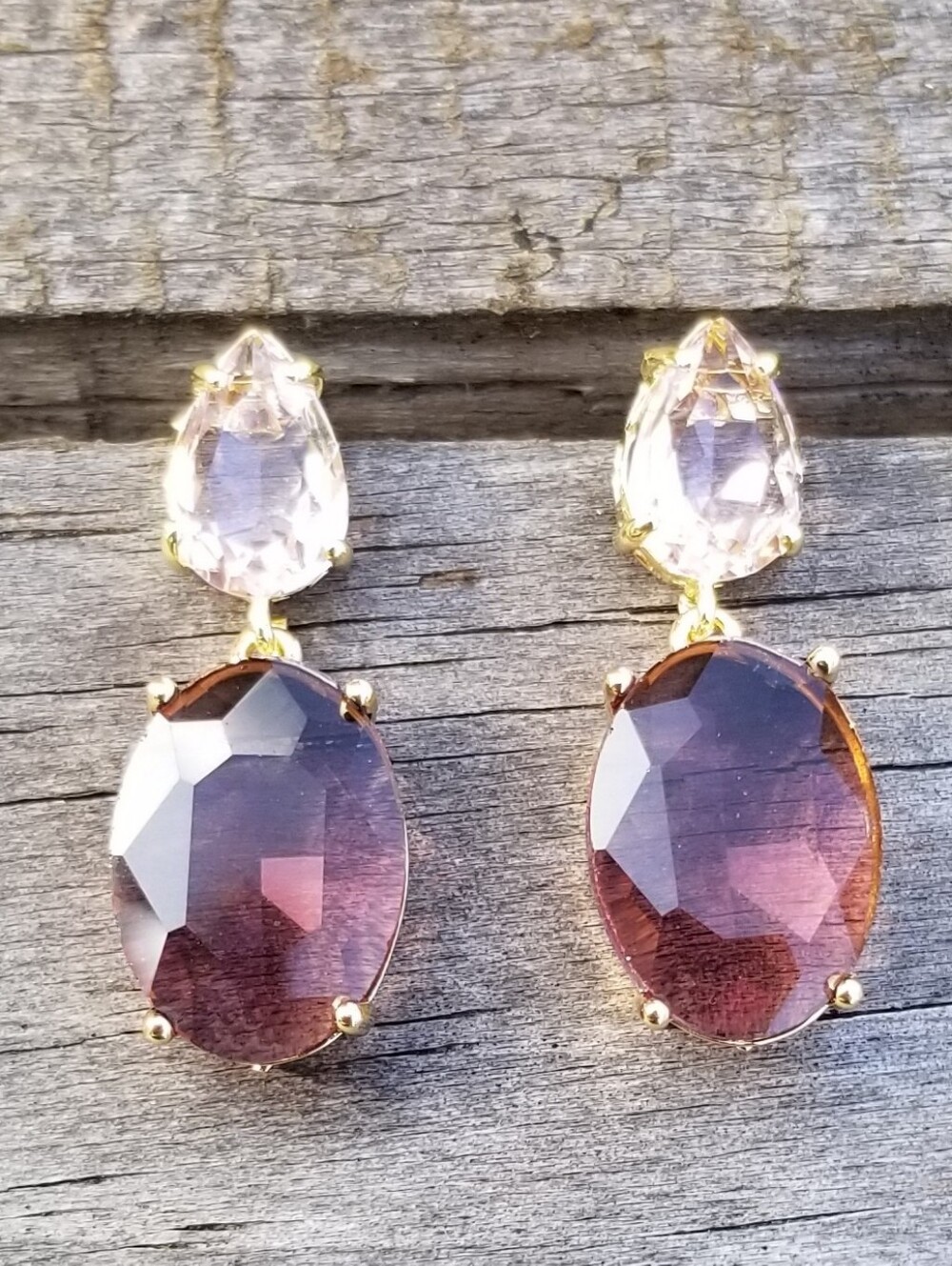 14k Gold Pink Tourmaline & Smoky Amethyst Stud Earrings Amethyst Dangle Earrings
